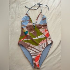 Floral One piece swimsuit, reversible light blue with tied back